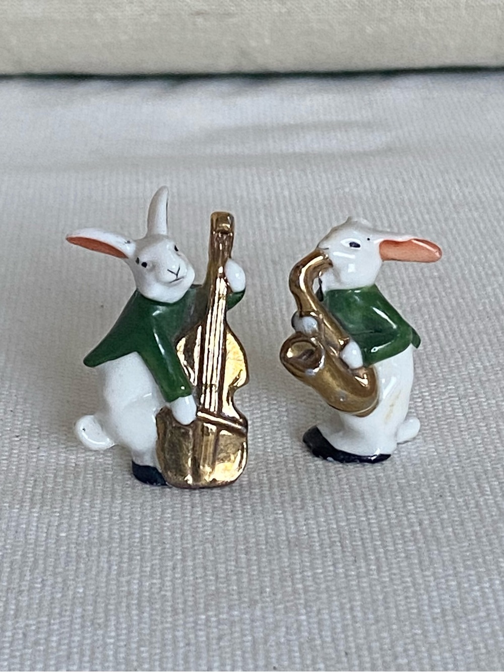 2 Vtg 60s Miniature Porcelain Rabbit Bunny Music Band Instruments Cello Saxophe